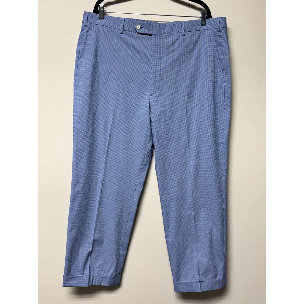 BELVEST Made in Italy Blue/White Micro Gingham Print Trousers, Sz 41 x 27.5